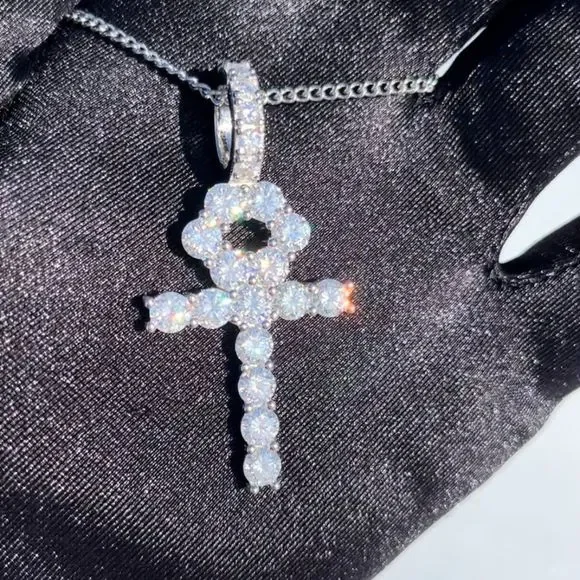 SUPER ICY 8.1ctw VVS1 Moissanite Ankh Pendant Necklace Solid 925 Sterling Silver